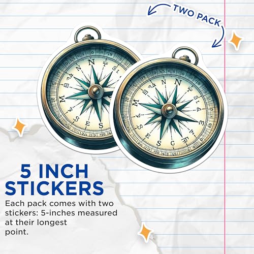 (2 Pack) Vintage Compass Stickers - Nautical Sticker Set - Adventure Themed Decals for Laptops and Notebooks - 5" On Longest Side - Sticks to Smooth Flat Surfaces - Made in USA - BMCS6979