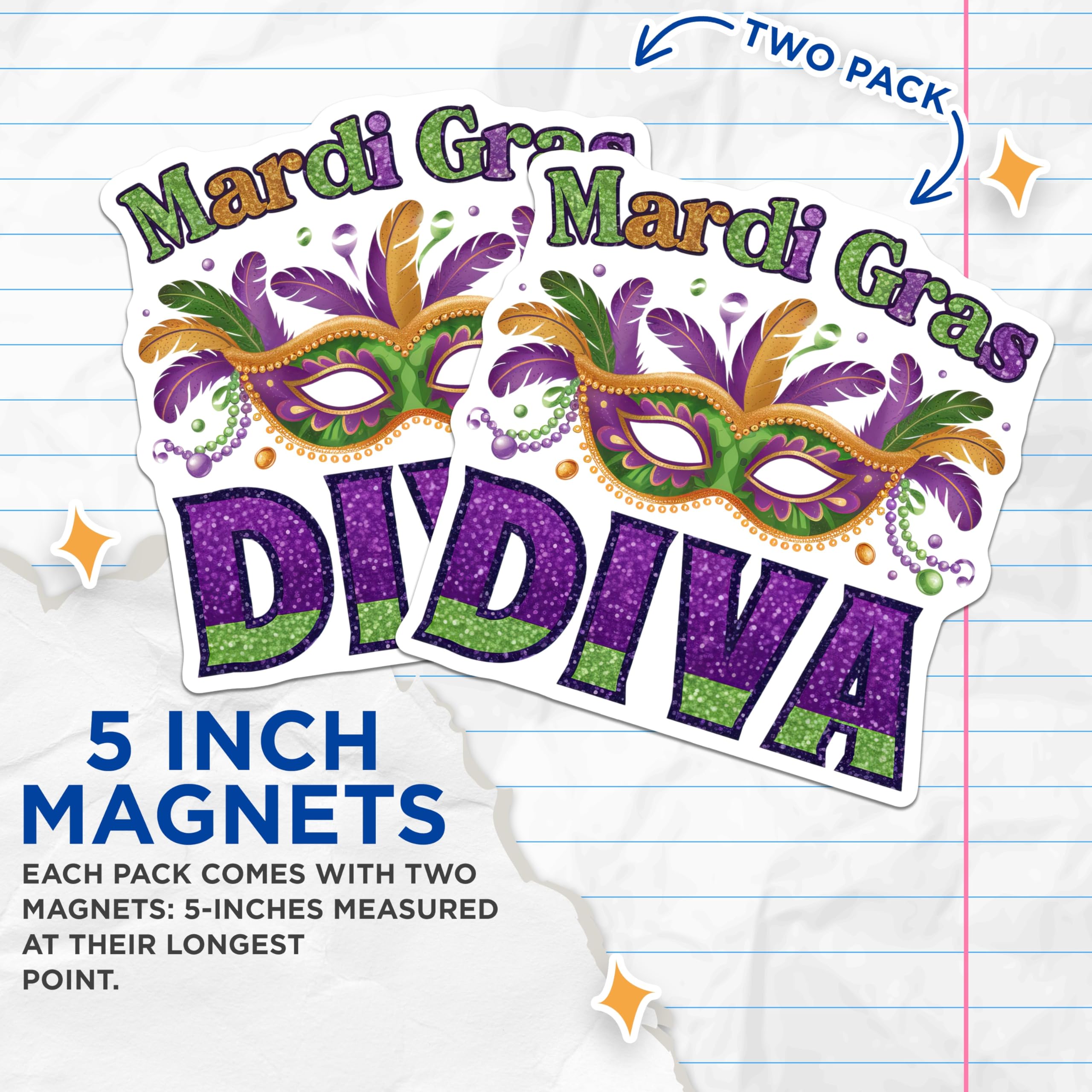 (2 Pack) Mardi Gras Diva Magnets - Mask Bead Decor - Festive Celebrations - 5" On Longest Side - Premium Magnet - for Cars, Refrigerators, Toolboxes, Lockers - Made in USA - MAG14844