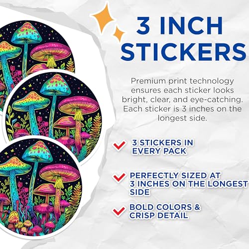 (3 Pack) Mushroom Decals - Psychedelic Art - Laptop Decals- 3 Inches On Longest Side - Easy Peel & Apply - Made in USA - 3MCS5567