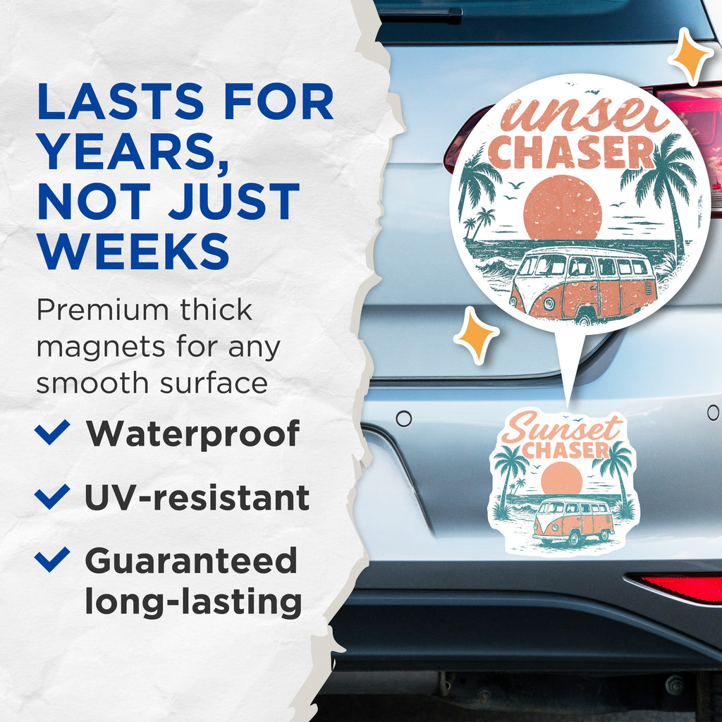 (2 Pack) Sunset Chaser Magnets - VW Bus Beach Van - Coastal Decor - Retro Travel - Wanderlust Accessory - 5 Inches On Longest Side - Thick Durable Magnet - Made in USA - MAG39288