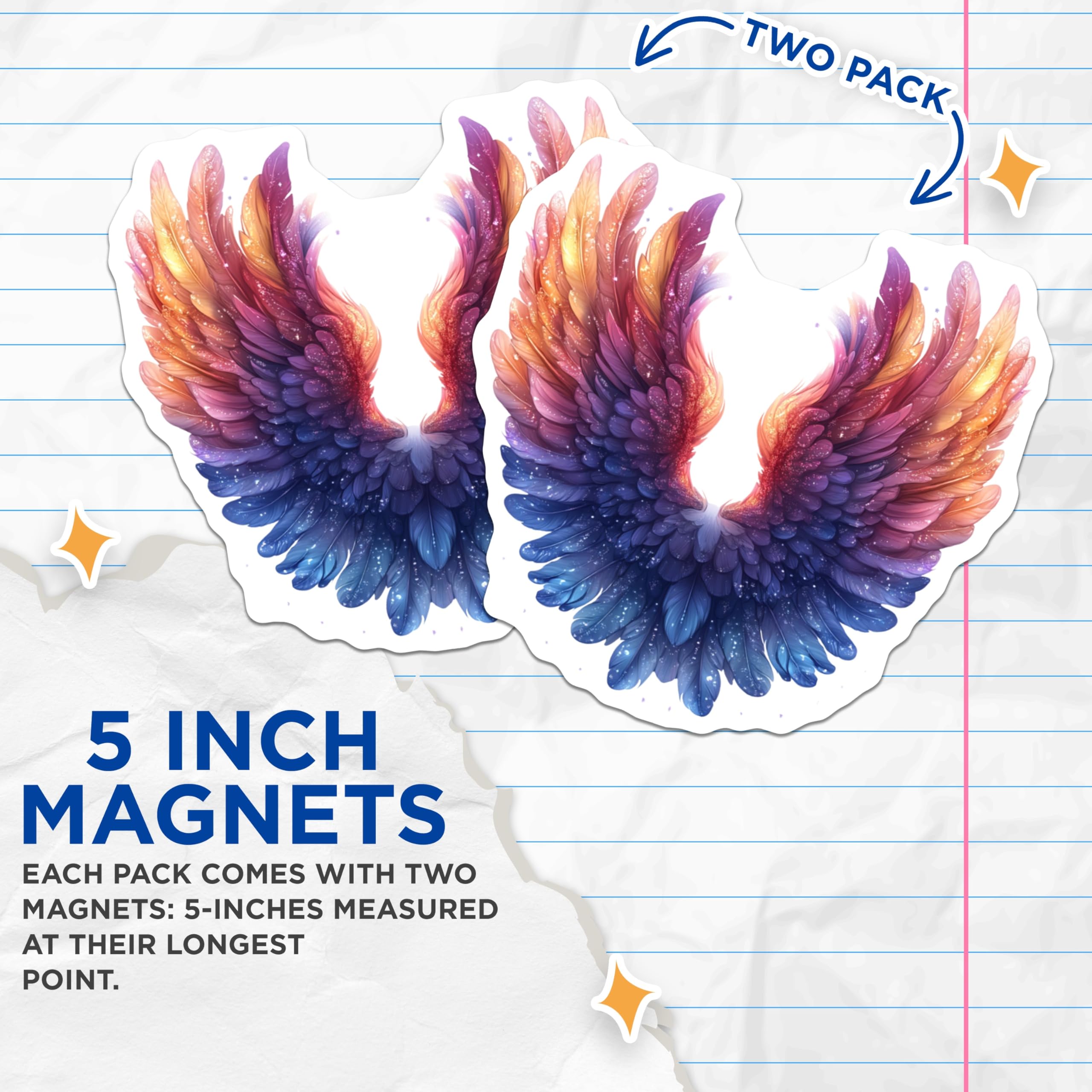 (2 Pack) Rainbow Feather Wings Magnets - Celestial Gradient Art - Ethereal Angel Decor - 5 Inches On Longest Side - Thick Durable Magnet - Made in USA - MAG30165
