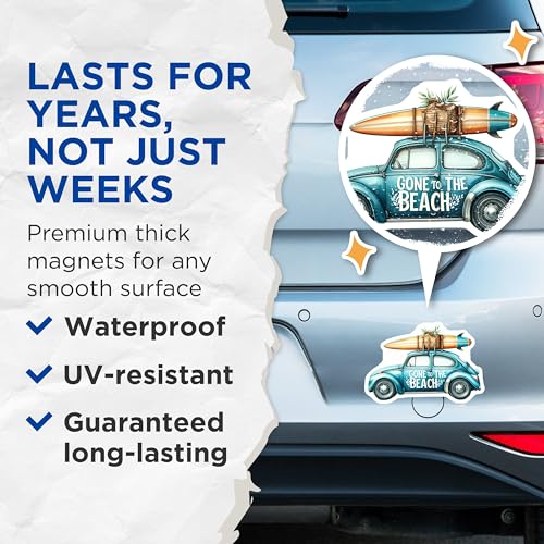 (2 Pack) Gone to The Beach Magnets Magnets - Retro Car Decor - 5" On Longest Side - Made in USA - Sticks to Refrigerators & Metal Surfaces - MAG9295