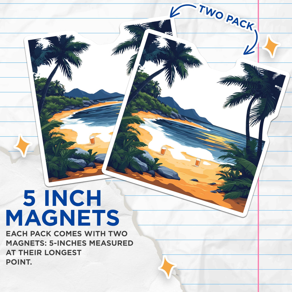 (2 Pack) Tropical Beach Magnets - Ocean View Palm Trees - Summer Vacation Vibes - 5 Inches On Longest Side - Thick Durable Magnet - Made in USA - MAG26363