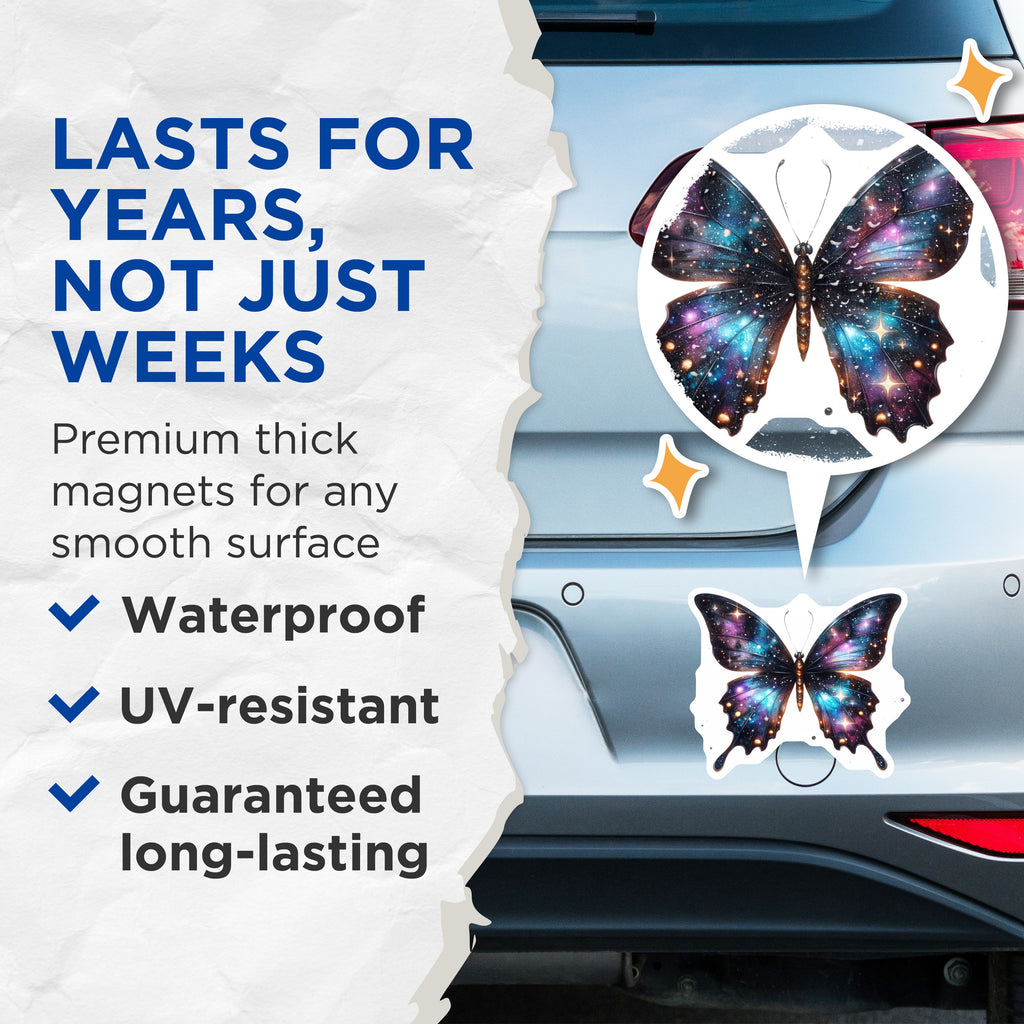 (2 Pack) Galaxy Butterfly Magnets - Celestial Fridge Decor - Starry Aesthetic Locker Magnet - 5 Inches On Longest Side - Thick Durable Magnet - Made in USA - MAG37887