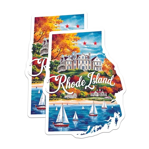 (2 Pack) Rhode Island Stickers - Scenic State Graphic - Sailing and Fall Foliage Decal - 5" On Longest Side - Sticks to Smooth Flat Surfaces - Made in USA - BMCS6266