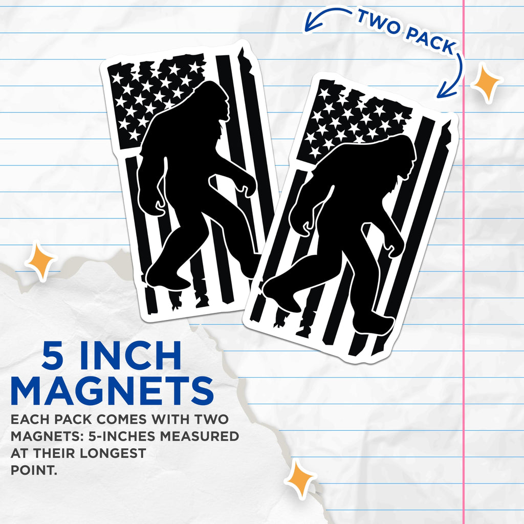 (2 Pack) Bigfoot American Flag Magnets - Patriotic Sasquatch - Cryptozoology US Pride - 5 Inches On Longest Side - Thick Durable Magnet - Made in USA - MAG20838