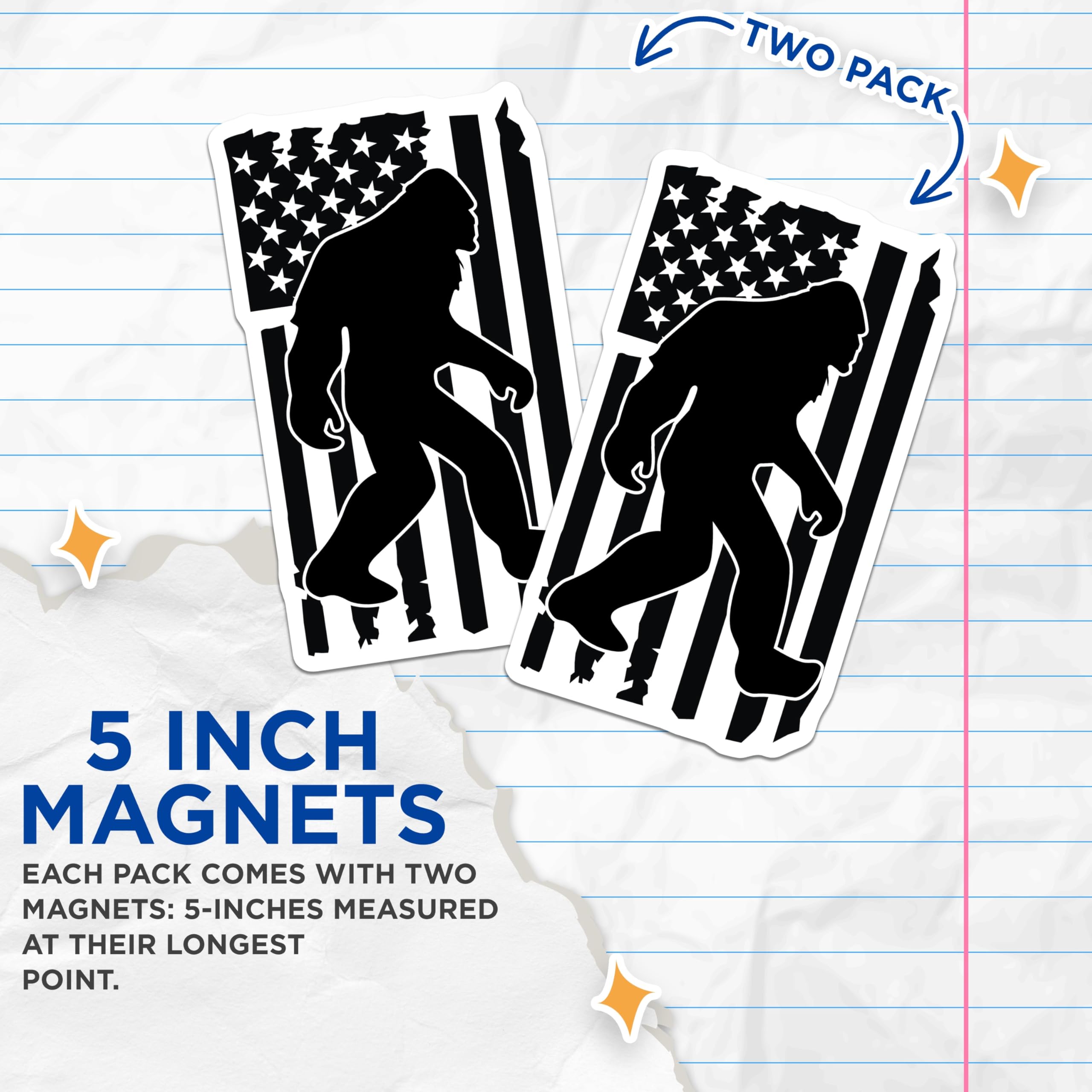 (2 Pack) Bigfoot American Flag Magnets - Patriotic Sasquatch - Cryptozoology US Pride - 5 Inches On Longest Side - Thick Durable Magnet - Made in USA - MAG20838