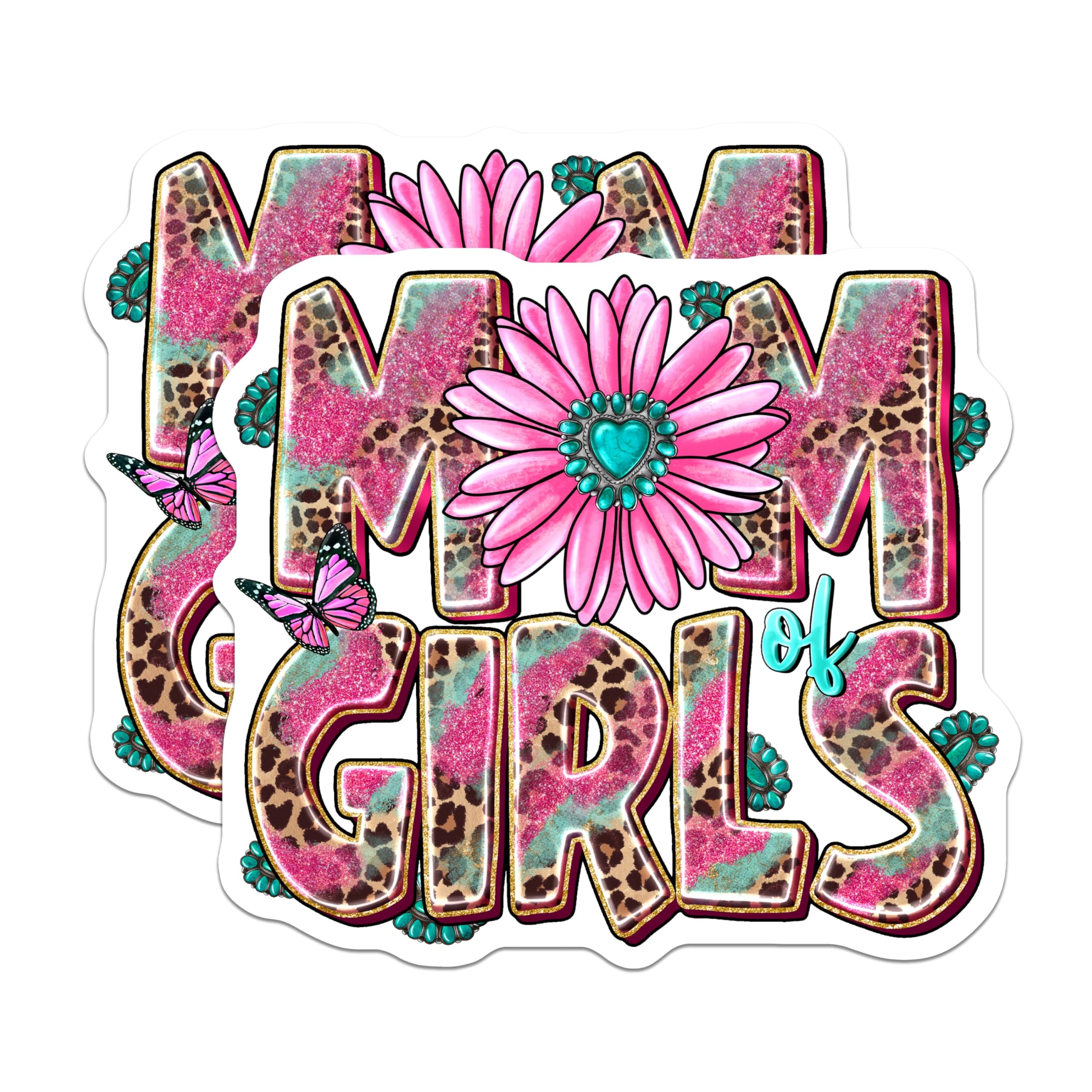 (2 Pack) Mom of Girls Magnets - Leopard Print Style - Pink Turquoise Mama - Western Cowgirl Decor - 5 Inches On Longest Side - Thick Durable Magnet - Made in USA - MAG27758