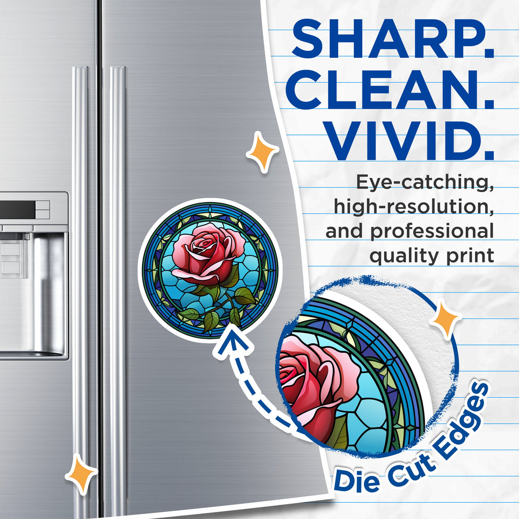 (2 Pack) Stained Glass Rose Magnets - Faux Art Deco Flower Art - Vibrant Floral Fridge Decor - 5 Inches On Longest Side - Thick Durable Magnet - Made in USA - MAG37999