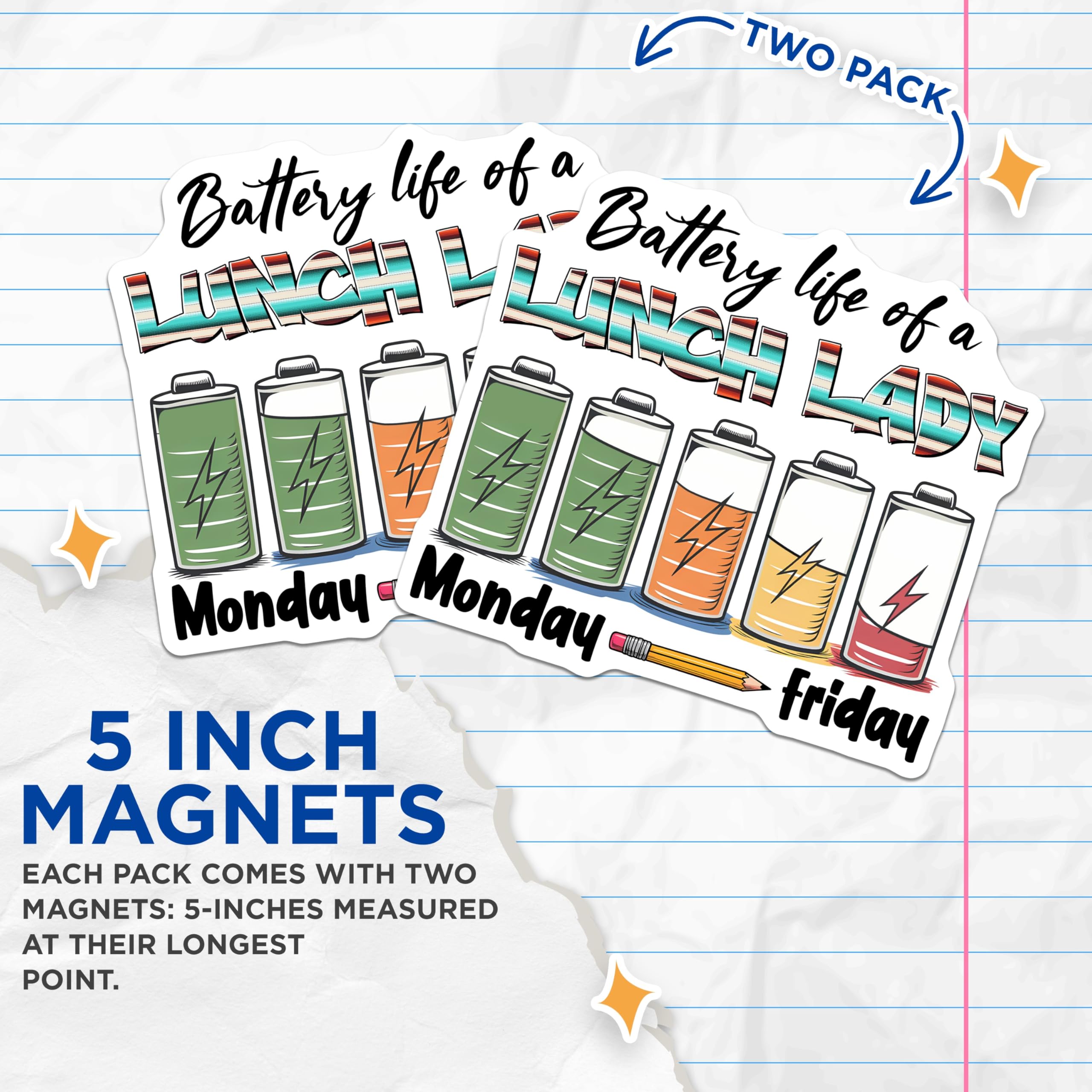 (2 Pack) Lunch Lady Magnets - Battery Life - School Cafeteria Decor - 5" On Longest Side - Sticks to Smooth Flat Surfaces - Made in USA - MAG10784