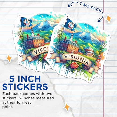 (2 Pack) Virginia Illustration Stickers - State Art Decal - Virginia Souvenir - Virginia Pride - Travel Memento - 5" On Longest Side - Sticks to Smooth Flat Surfaces - Made in USA - BMCS6869