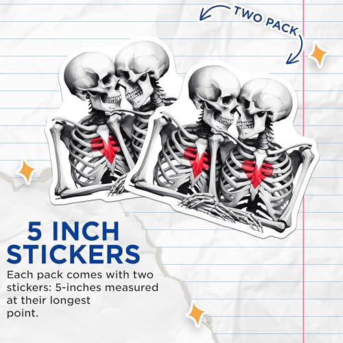 (2 Pack) Skeleton Couple Stickers - Gothic Art - Romantic Skeleton Kiss - 5" On Longest Side - Sticks to Smooth Flat Surfaces - Made in USA - BMCS6876