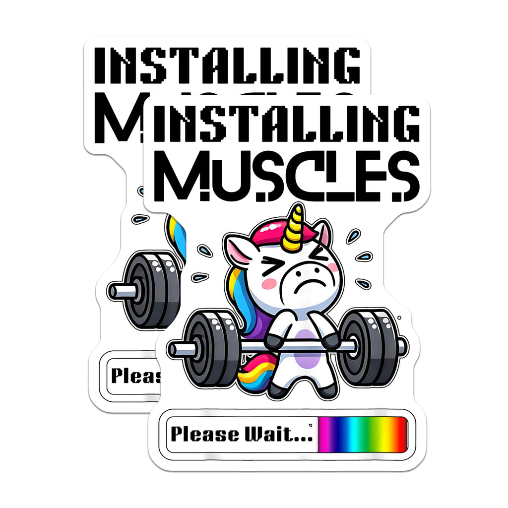 (2 Pack) Installing Muscles Unicorn Stickers - Gym Humor Stickers - Weightlifting Workout Fun - 5" On Longest Side - Sticks to Any Smooth Flat Surface - Made in USA - BMCS3600