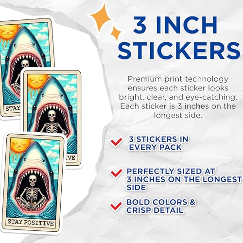 (3 Pack) Shark Skeleton Decals - Stay Positive - Laptop Decals - 3 Inches On Longest Side - Easy Peel & Apply - Made in USA - 3MCS4094