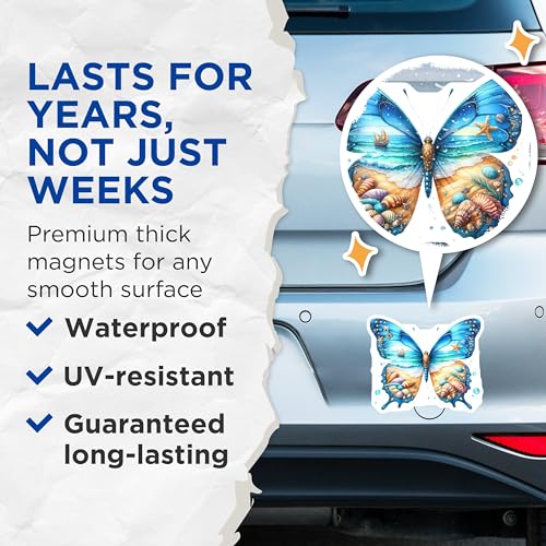 (2 Pack) Butterfly Beach Magnets - Coastal Art - Ocean Scene - Sea Life Decor - 5" On Longest Side - for Cars, Fridges, Toolboxes - Made in USA - MAG6994