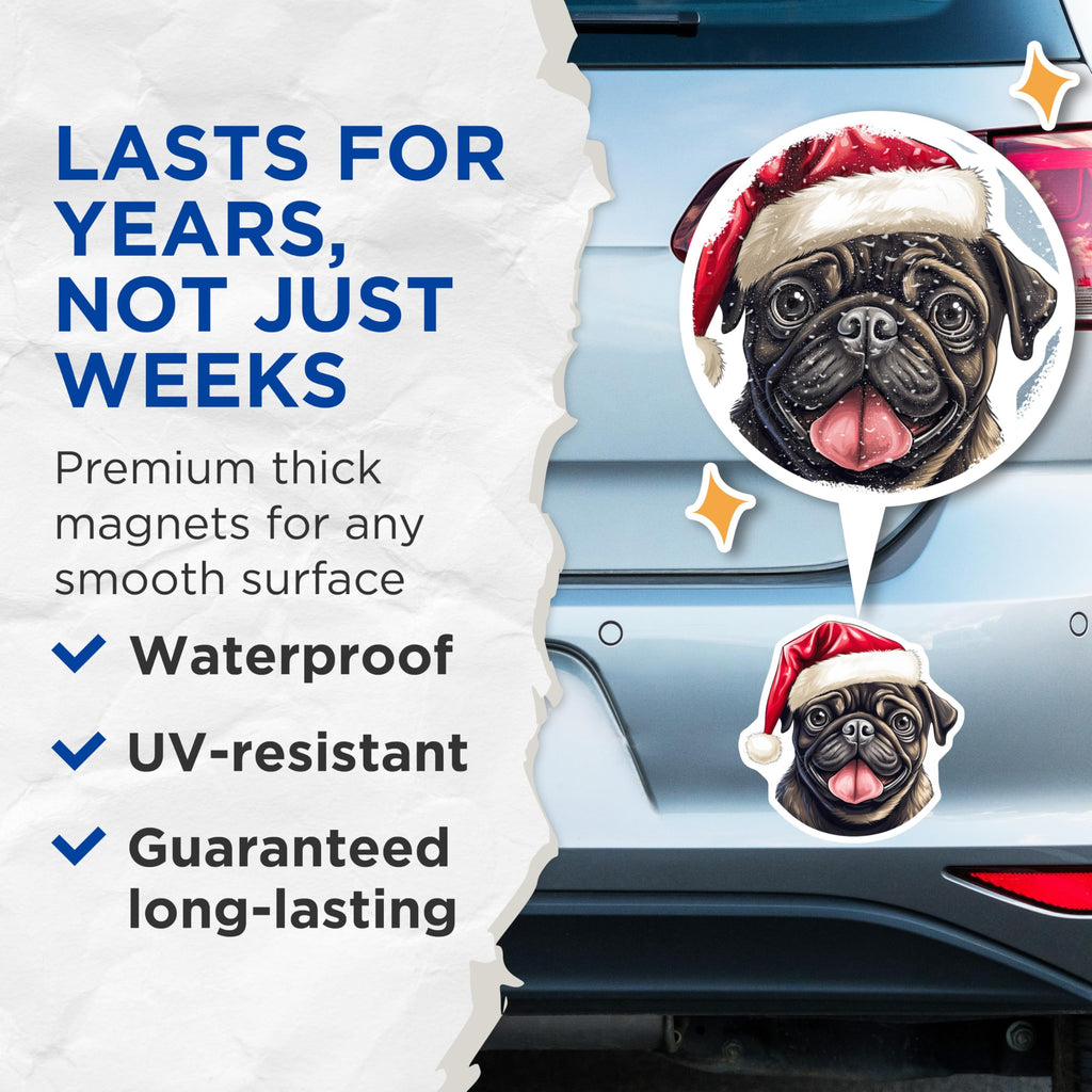 (2 Pack) Pug Christmas Magnets - Santa Hat Dog Decor - Festive Pet Holiday Accessories - 5 Inches On Longest Side - Thick Durable Magnet - Made in USA - MAG30284