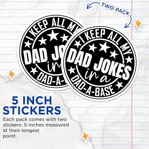 (2 Pack) Dad Jokes Stickers - Funny Dad Stickers - Dad Meme Stickers - 5" On Longest Side - Sticks to Smooth Flat Surfaces - Made in USA - BMCS4646