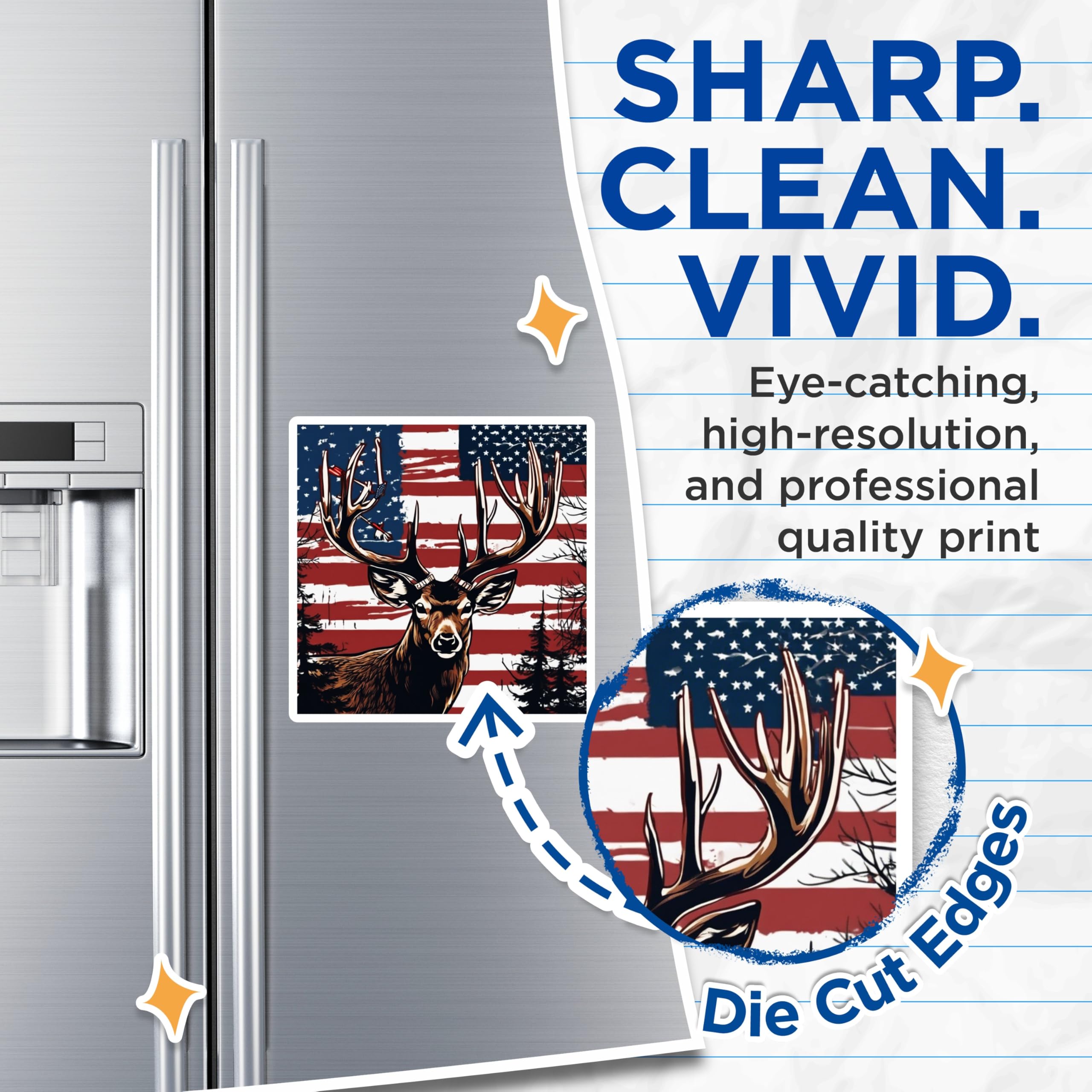 (2 Pack) Patriotic Deer Magnets - American Flag Buck Decals - Hunter Antler Art - Rustic Outdoors USA Wildlife - 5 Inches On Longest Side - Thick Durable Magnet - Made in USA - MAG19576