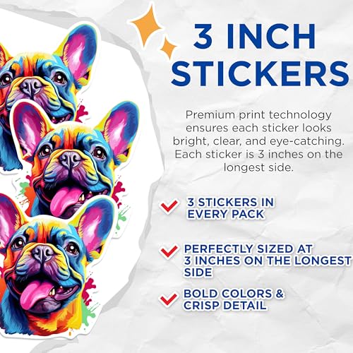 (3 Pack) French Bulldog Decals - Colorful Dog Stickers - Cute Laptop Decals - 3 Inches On Longest Side - Easy Peel & Apply - Made in USA - 3MCS0731