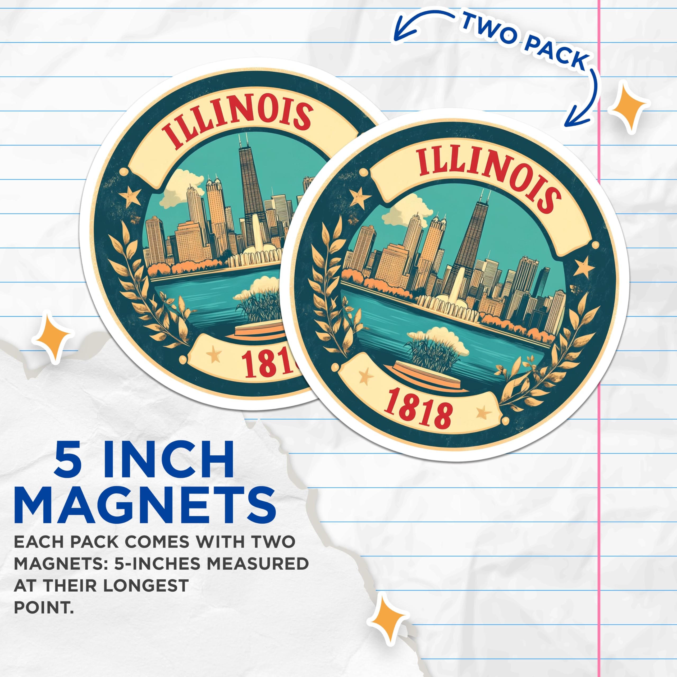 (2 Pack) Illinois State Magnets - Chicago Skyline - Fridge Decor Souvenir - 5" On Longest Side - Premium Magnet - for Cars, Refrigerators, Toolboxes, Lockers - Made in USA - MAG14081