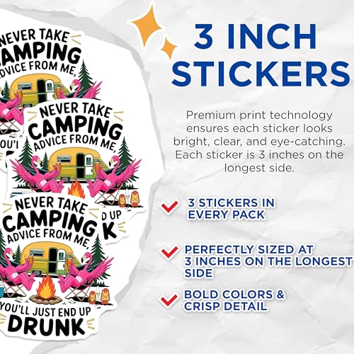 (3 Pack) Funny Camping Decals - Flamingo Drinker - Camper Trailer- 3 Inches On Longest Side - Easy Peel & Apply - Made in USA - 3MCS5623