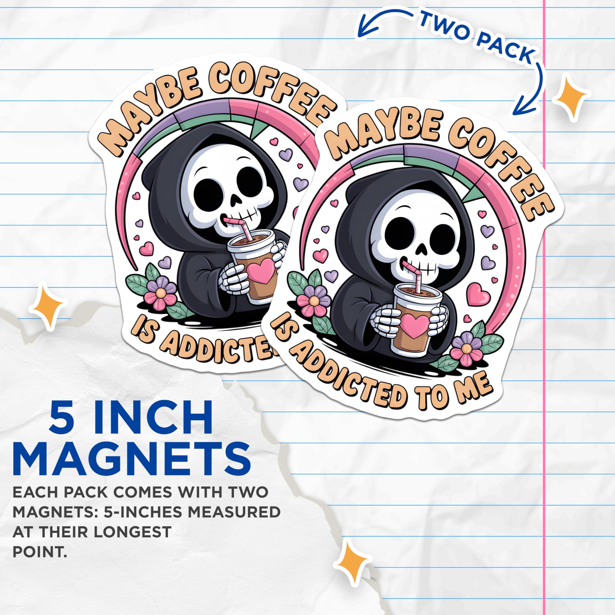 (2 Pack) Adorable Grim Reaper Coffee Magnets - Funny Caffeine Addict Skeleton - Spooky Kawaii Kitchen Locker Fridge Decor - 5 Inches On Longest Side - Thick Durable Magnet - Made in USA - MAG21125