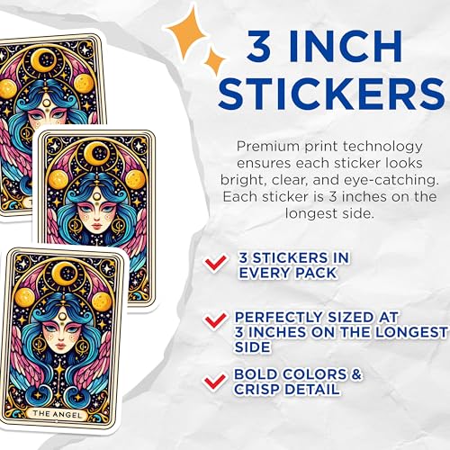 (3 Pack) Angel Tarot Card Decals - Celestial Art Stickers - Laptop Decal - 3 Inches On Longest Side - Easy Peel & Apply - Made in USA - 3MCS4111