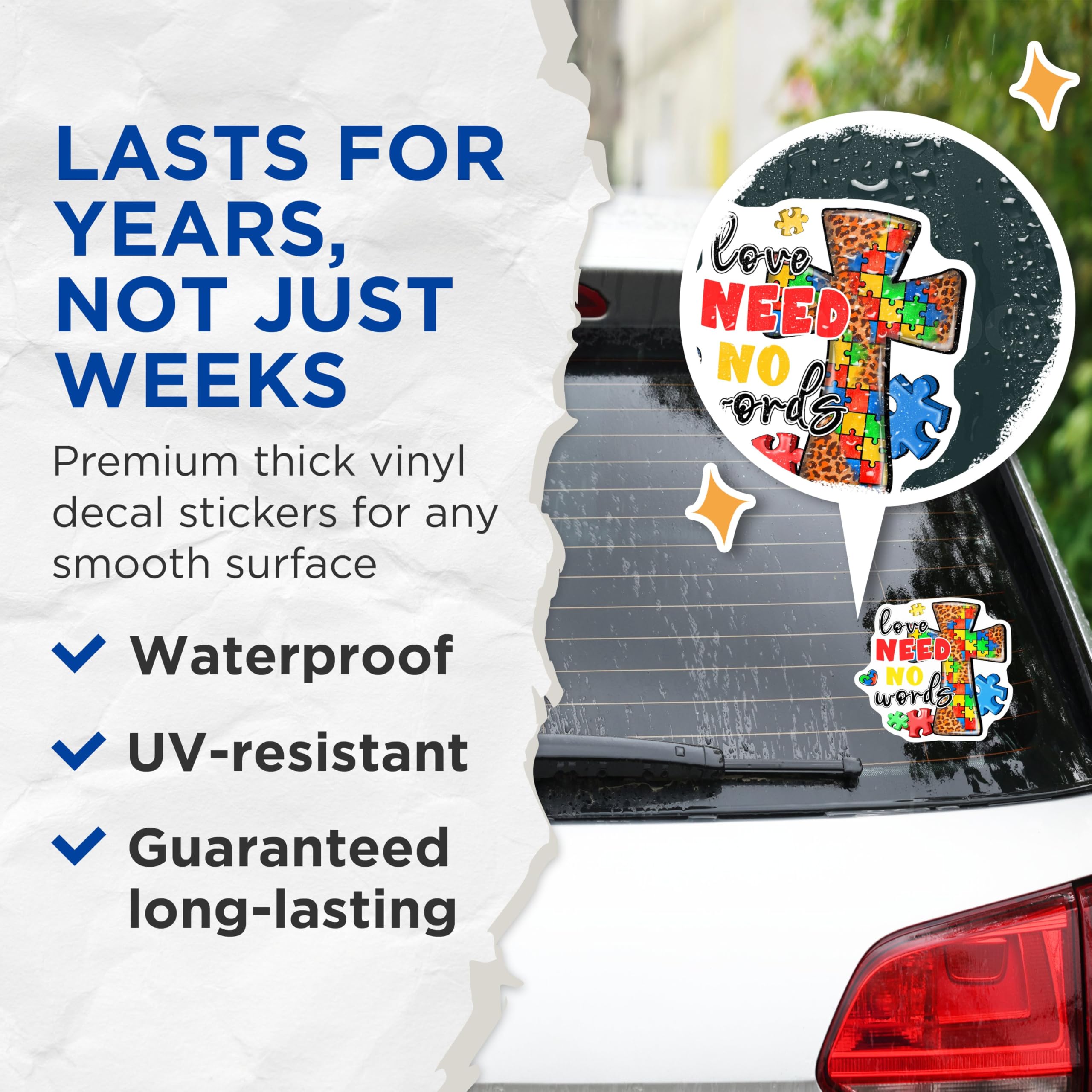 (2 Pack) Love Need No Words Stickers - Autism Awareness - Colorful Puzzle - 5" On Longest Side - Sticks to Smooth Flat Surfaces - Made in USA - BMCS8643