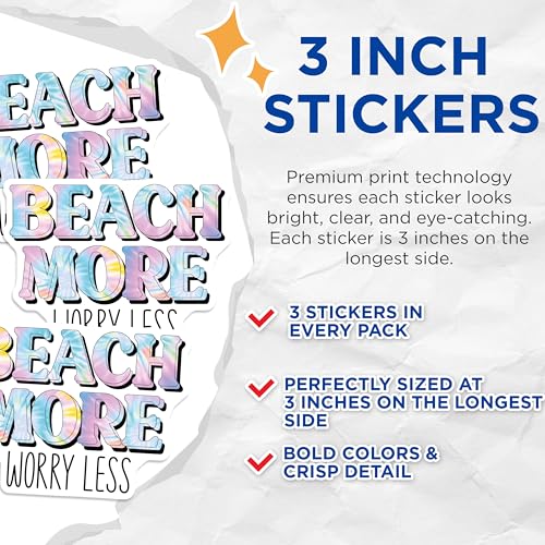 (3 Pack) Beach More Worry Less Decals - Tie Dye Stickers - Laptop Decals - 3 Inches On Longest Side - Easy Peel & Apply - Made in USA - 3MCS2646