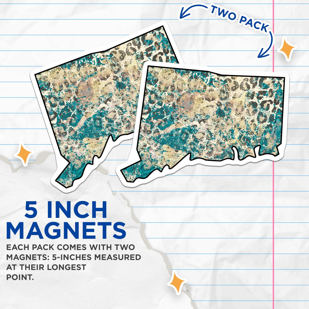 (2 Pack) Connecticut State Magnets - Leopard Print Teal Aesthetic - CT Souvenir Grunge Decor - 5 Inches On Longest Side - Thick Durable Magnet - Made in USA - MAG19223