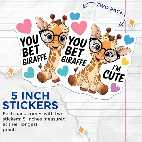 (2 Pack) Cute Giraffe Stickers - Funny Animal Stickers - Adorable Giraffe Decal - 5" On Longest Side - Sticks to Smooth Flat Surfaces - Made in USA - BMCS5574