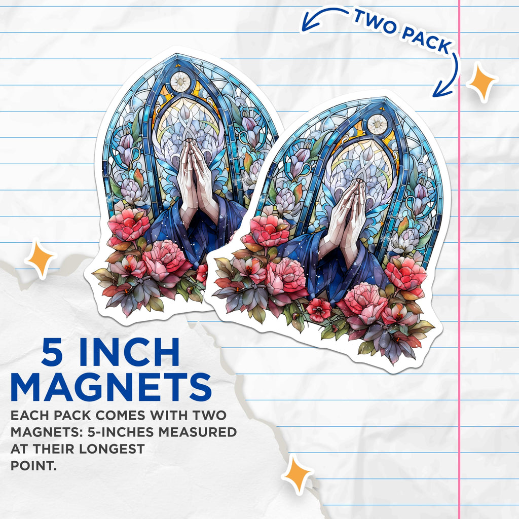 (2 Pack) Stained Glass Magnets - Spiritual Hands Art - Chapel Window Inspired Floral Design - Religious Devotion Decor - 5 Inches On Longest Side - Thick Durable Magnet - Made in USA - MAG23952