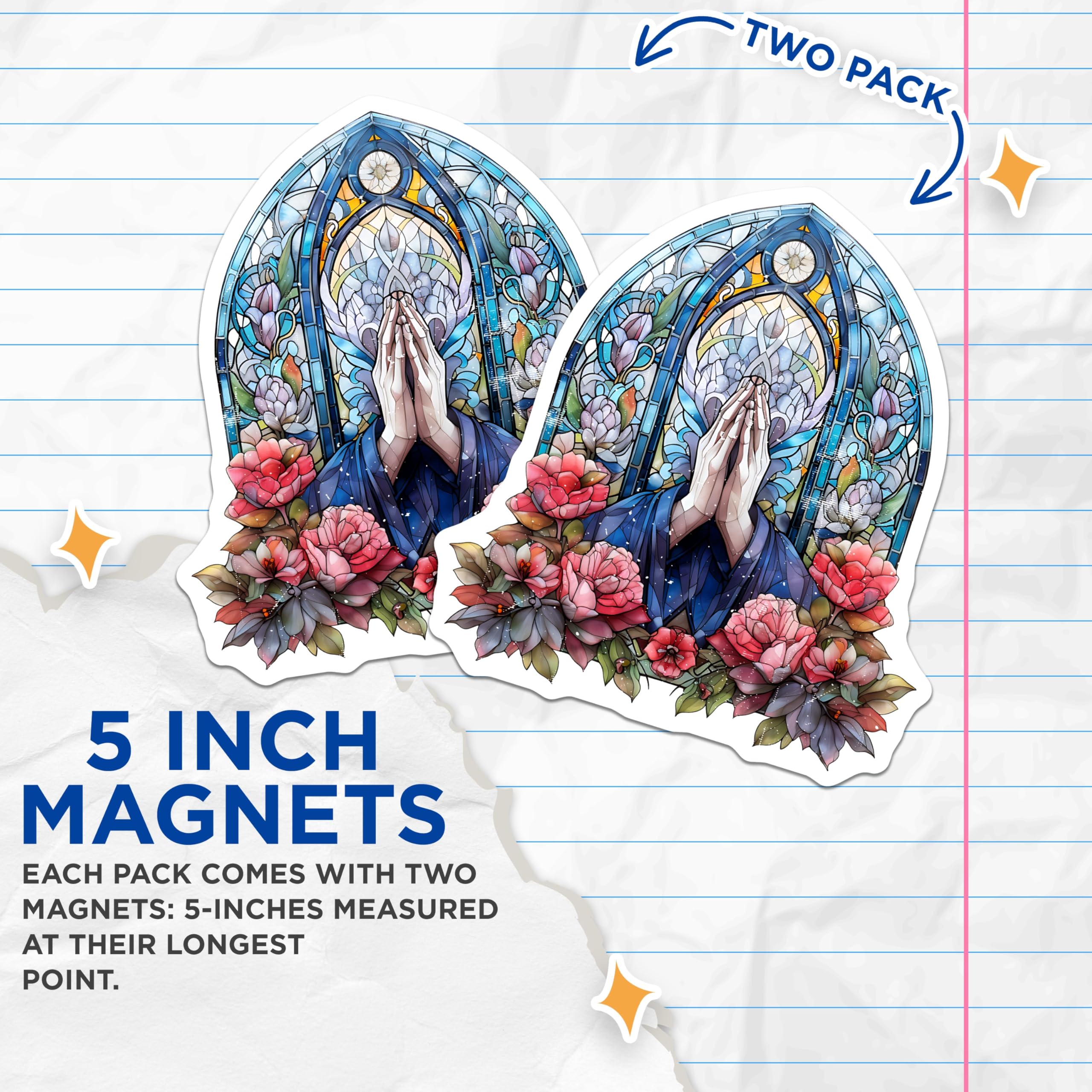 (2 Pack) Stained Glass Magnets - Spiritual Hands Art - Chapel Window Inspired Floral Design - Religious Devotion Decor - 5 Inches On Longest Side - Thick Durable Magnet - Made in USA - MAG23952