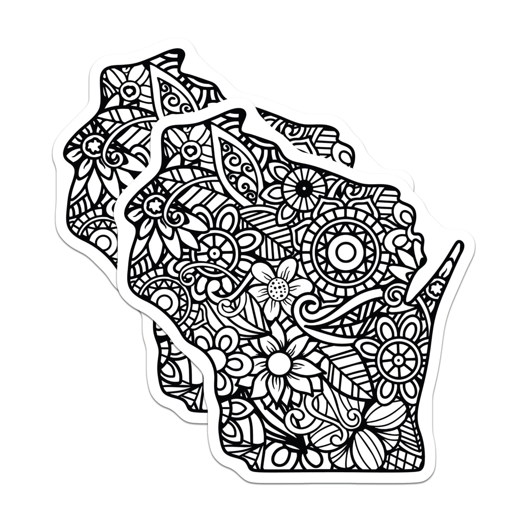 (2 Pack) Wisconsin Mandala Magnets - State Outline Decor - Floral Line Art Magnets - 5 Inches On Longest Side - Thick Durable Magnet - Made in USA - MAG19115