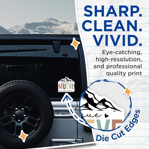 (2 Pack) Motivational Mountain Stickers - Spanish Inspirational Stickers - Fe que Mueve Montanhas Decal - 5" On Longest Side - Sticks to Smooth Flat Surfaces - Made in USA - BMCS3868