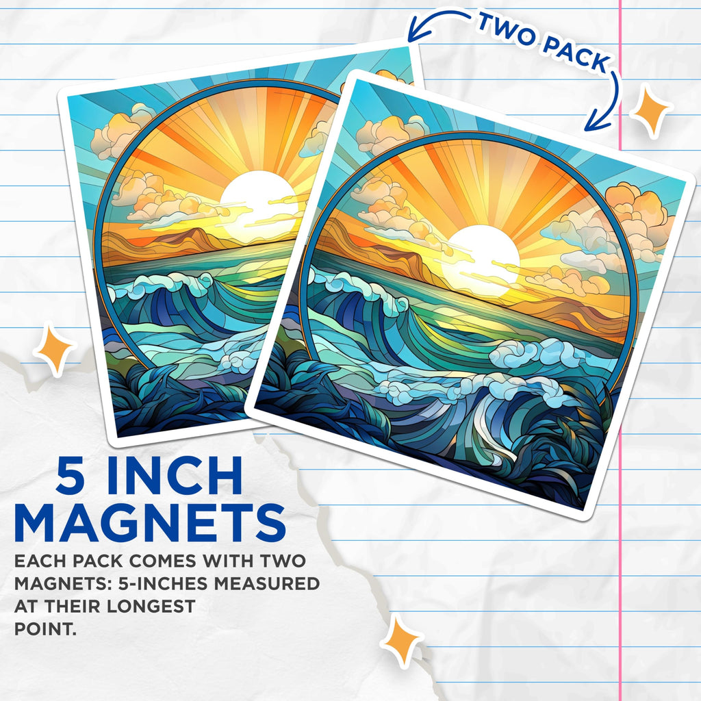 (2 Pack) Stained Glass Ocean Magnets - Sunset Beach Decor - Coastal Home Accent Art - 5 Inches On Longest Side - Thick Durable Magnet - Made in USA - MAG26867