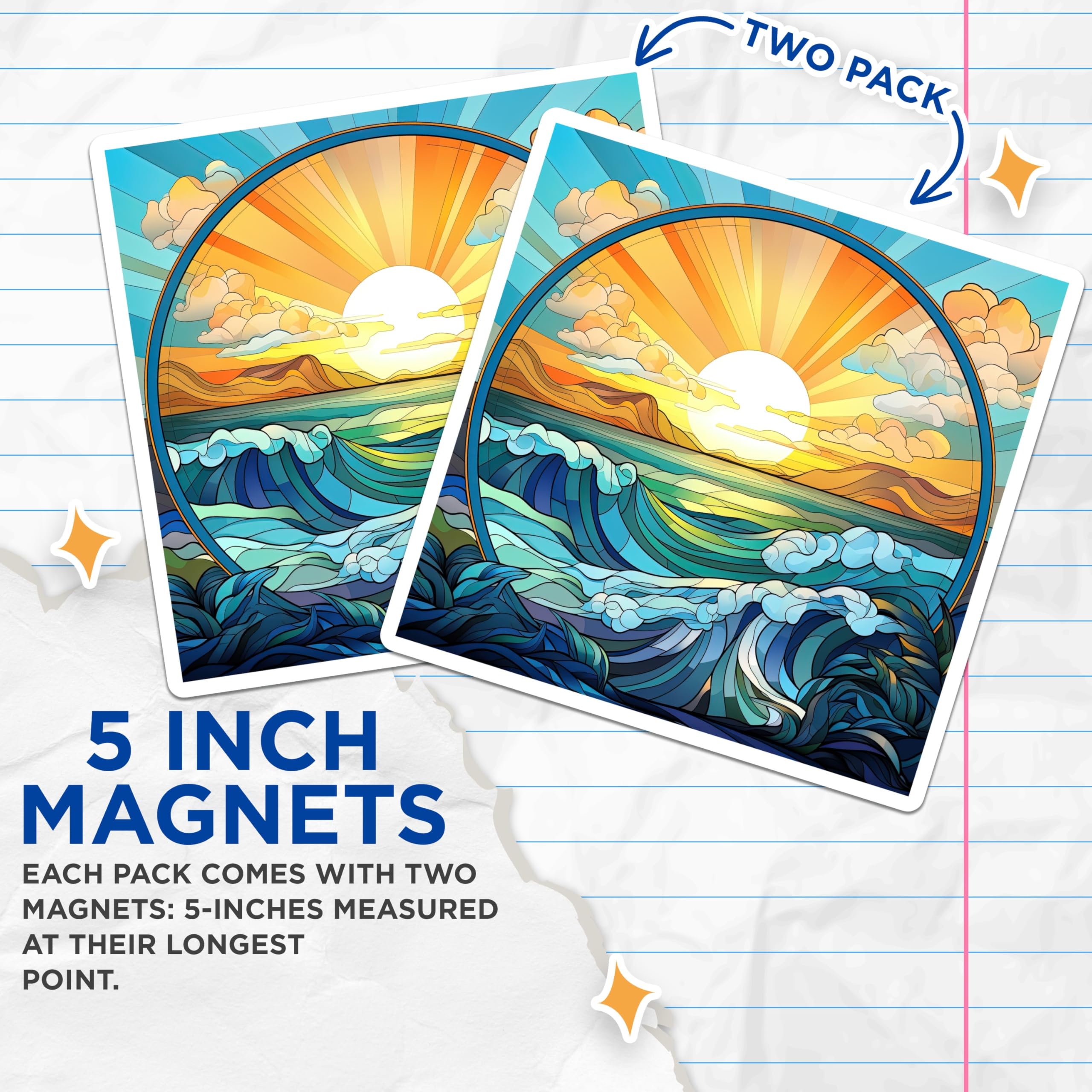 (2 Pack) Stained Glass Ocean Magnets - Sunset Beach Decor - Coastal Home Accent Art - 5 Inches On Longest Side - Thick Durable Magnet - Made in USA - MAG26867
