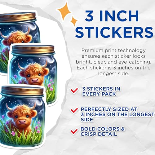 (3 Pack) Highland Cow Decals - Jar Animal Stickers - Laptop Decal - 3 Inches On Longest Side - Easy Peel & Apply - Made in USA - 3MCS8136