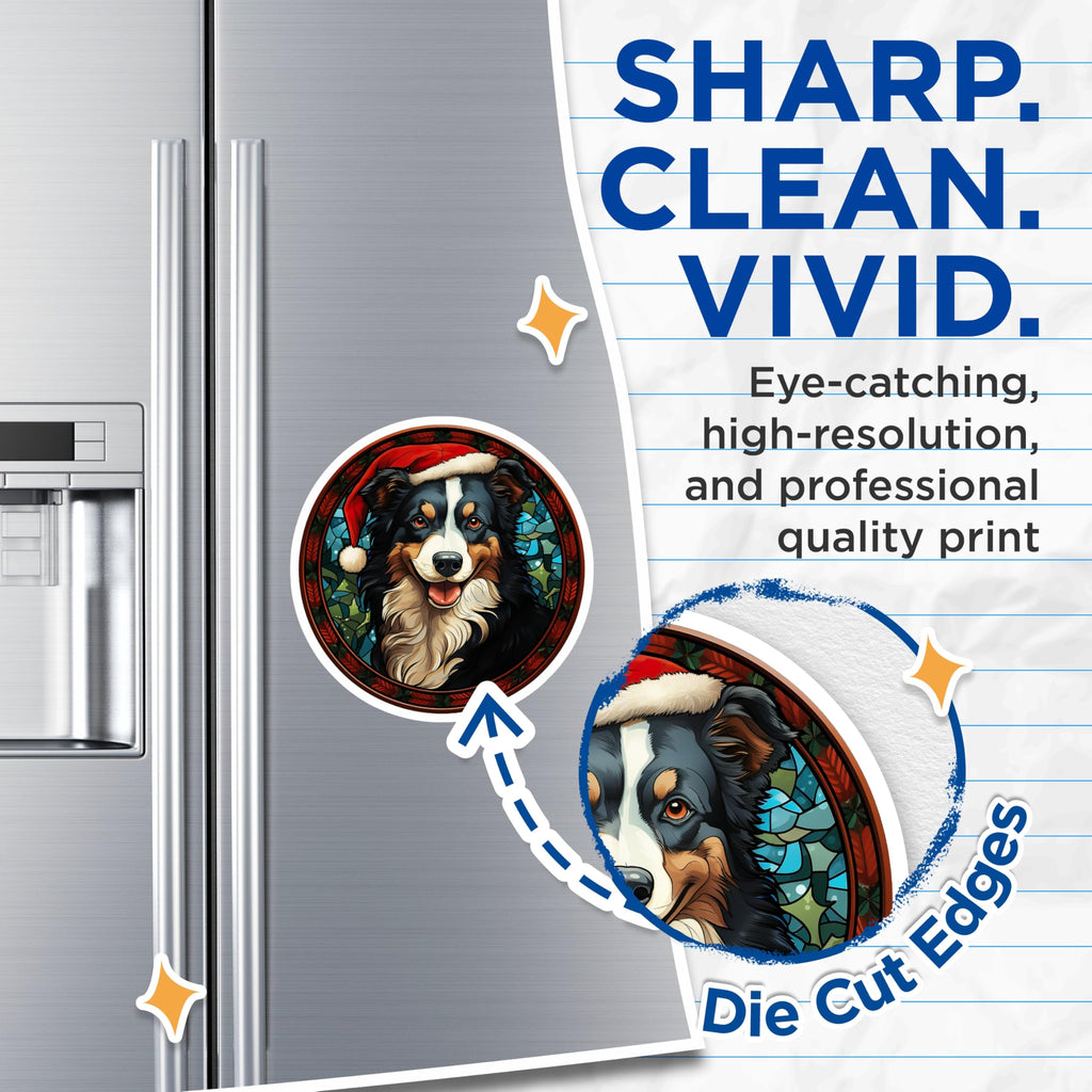(2 Pack) Australian Shepherd Christmas Dog Magnets - Stained Glass Art Pet Lover - Festive Holiday Kitchen Decor - 5 Inches On Longest Side - Thick Durable Magnet - Made in USA - MAG28281