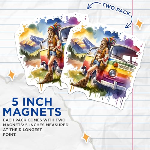 (2 Pack) Hippie Girl Magnets Magnets - Retro Van - Colorful Watercolor Design - 5" On Longest Side - Made in USA - Sticks to Refrigerators & Metal Surfaces - MAG8835