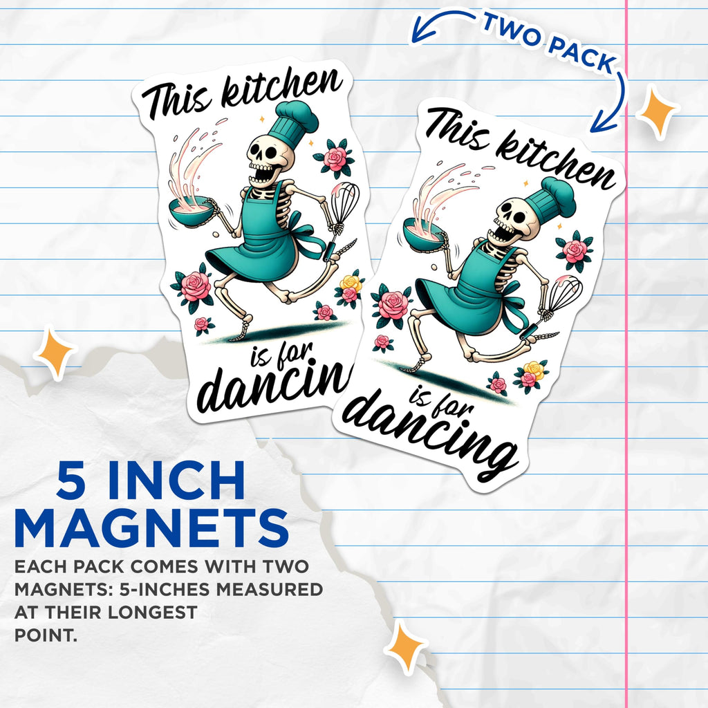 (2 Pack) Skeleton Chef Magnets - Dancing Kitchen Decor - Quirky Refrigerator Art - 5" On Longest Side - Premium Magnet - for Cars, Refrigerators, Toolboxes, Lockers - Made in USA - MAG15397
