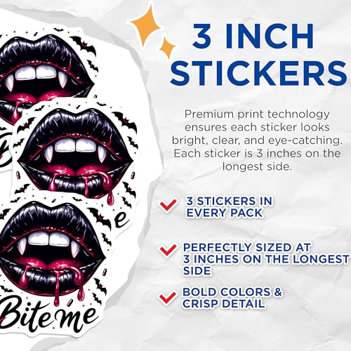 (3 Pack) Vampire Lips Decals - Bite Me Sticker - Gothic Laptop Decals - 3 Inches On Longest Side - Easy Peel & Apply - Made in USA - 3MCS7584