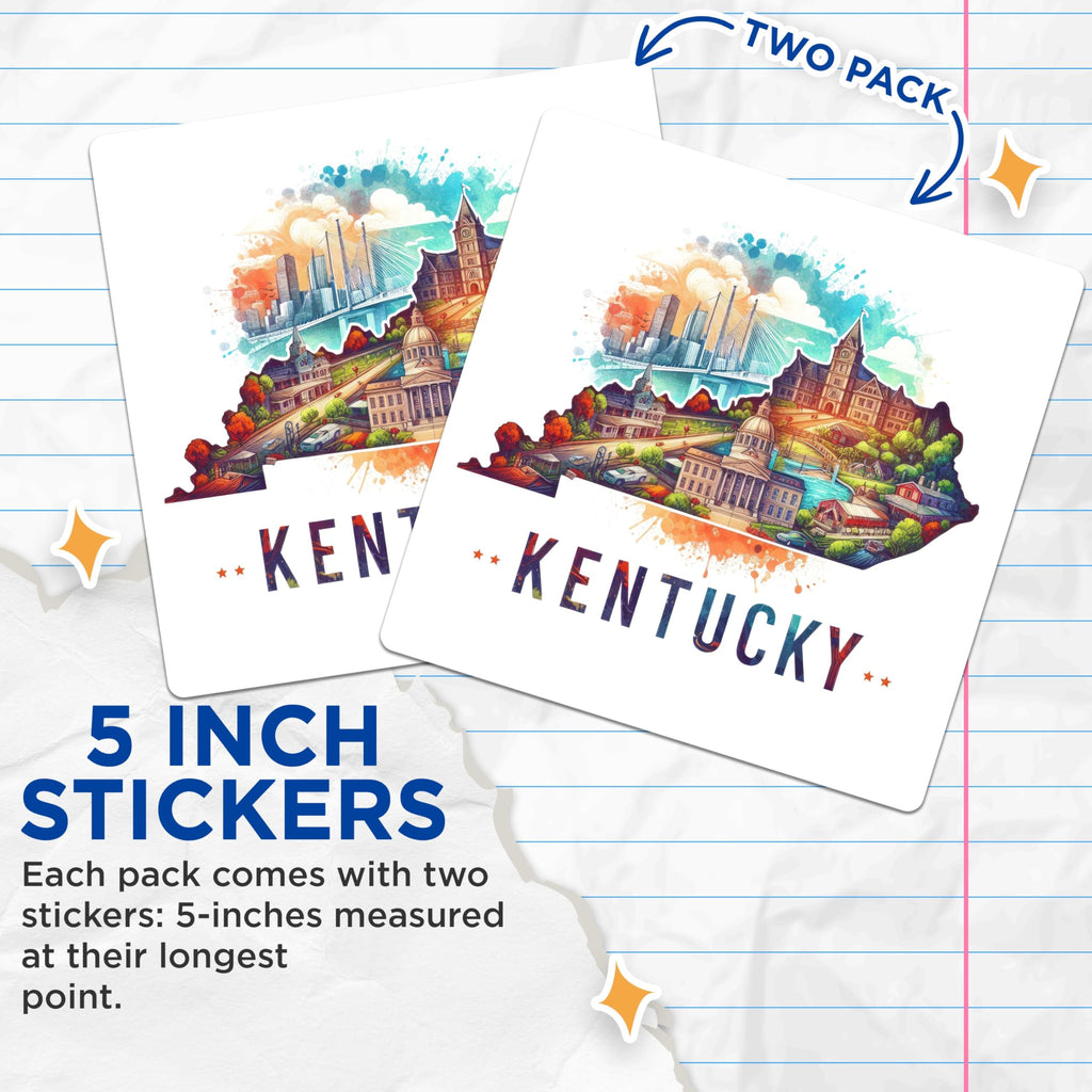 (2 Pack) Kentucky State Map Stickers - Colorful Kentucky Landmark Stickers - Kentucky Travel Souvenir Stickers - 5" On Longest Side - Sticks to Smooth Flat Surfaces - Made in USA - BMCS5125
