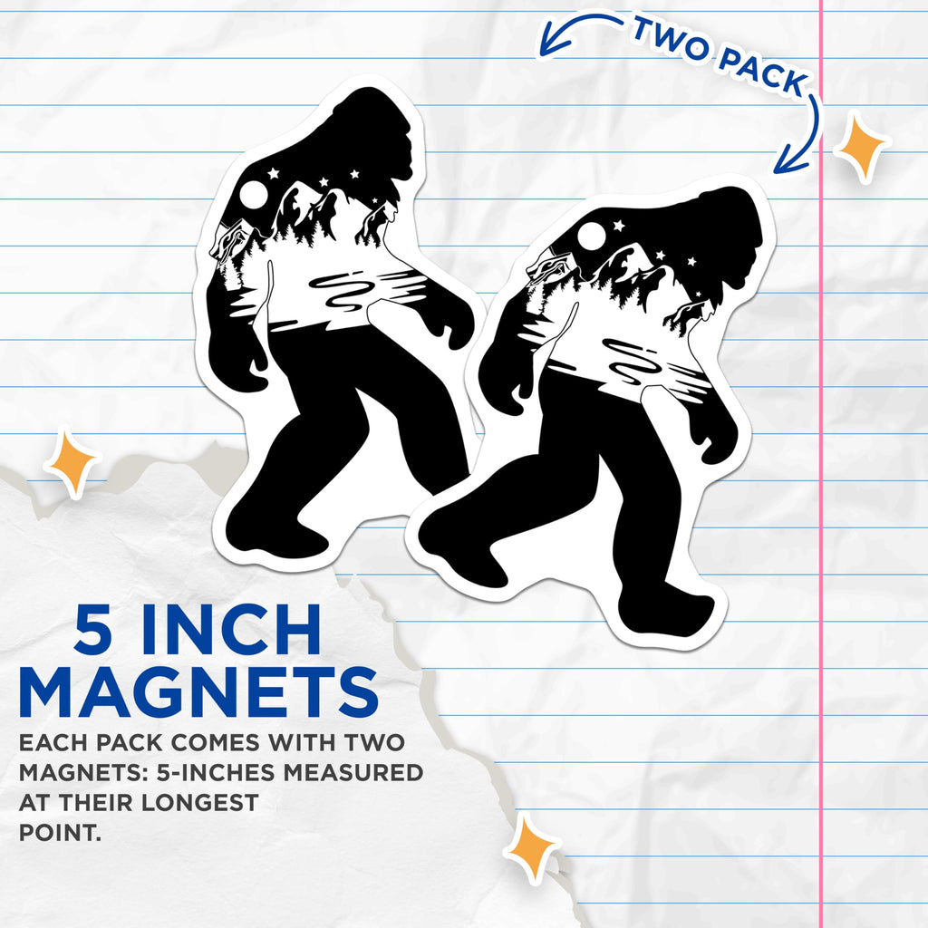 (2 Pack) Bigfoot Magnets - Sasquatch Mountain Forest Scene - Cryptid Outdoors Decor - 5 Inches On Longest Side - Thick Durable Magnet - Made in USA - MAG21333