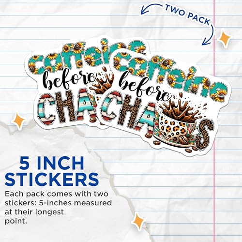 (2 Pack) Caffeine Before Chaos Stickers - Coffee Quote - Fun Laptop - Decorative Office Supplies - 5" On Longest Side - Sticks to Smooth Flat Surfaces - Made in USA - BMCS7533