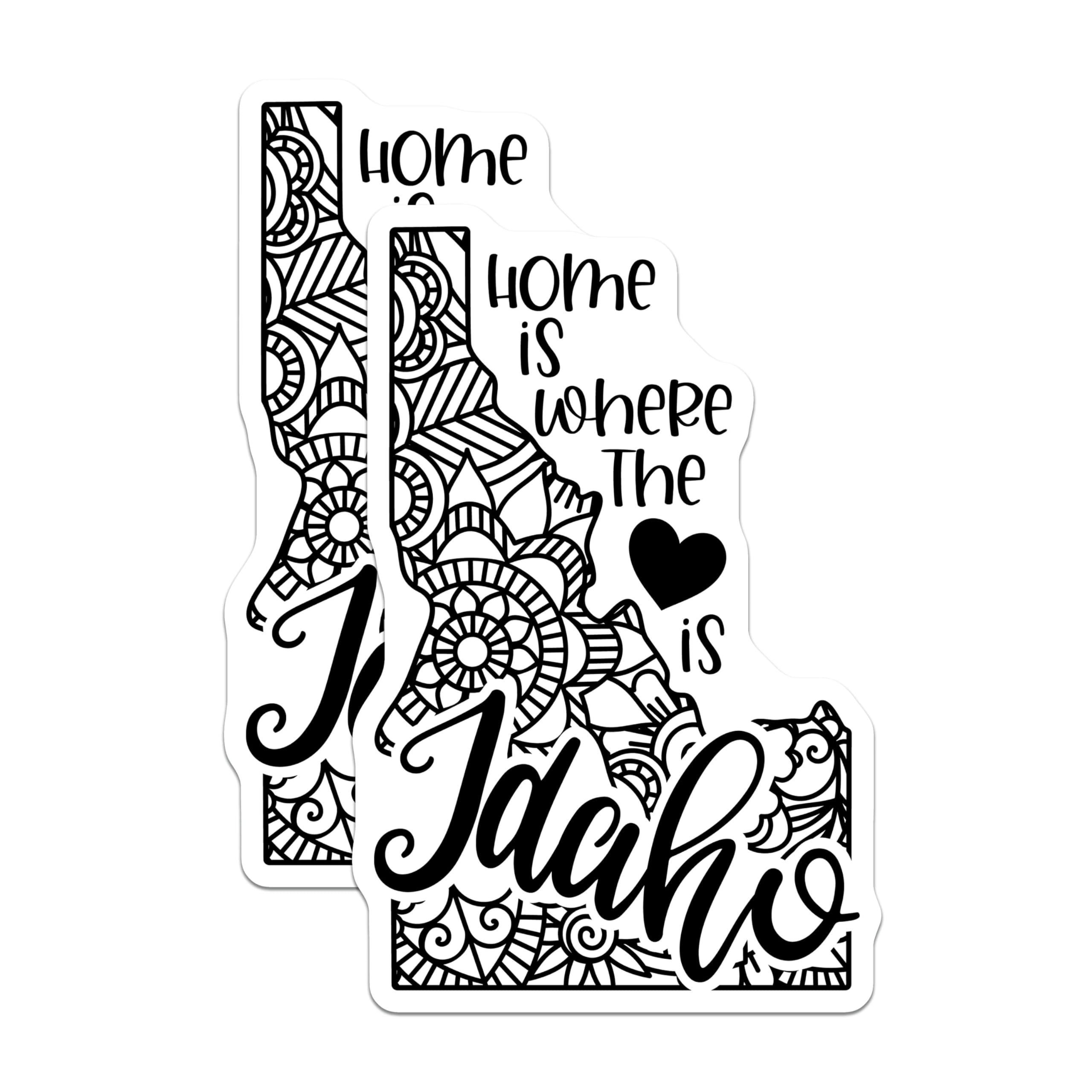 (2 Pack) Home is Where The Heart is Idaho Stickers - State Pride Decor - Geometric Mandala Design - 5" On Longest Side - Sticks to Smooth Flat Surfaces - Made in USA - BMCS9058