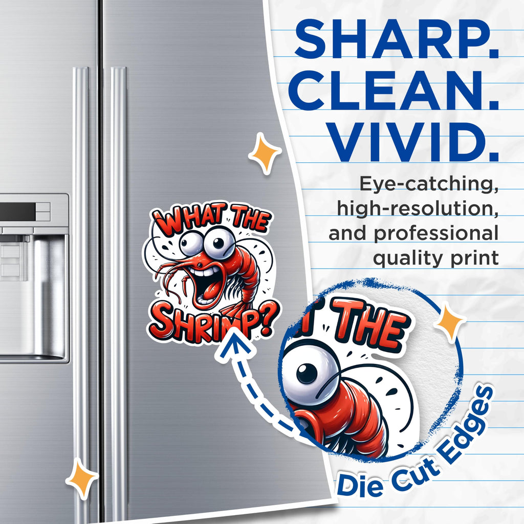 (2 Pack) Funny Shrimp Meme Magnets - Hilarious Seafood Quote Magnets - Kitchen Decor Magnets for Seafood Lovers- 5" On Longest Side - for Fridges, Toolboxes, Cars - Made in USA - MAG2643