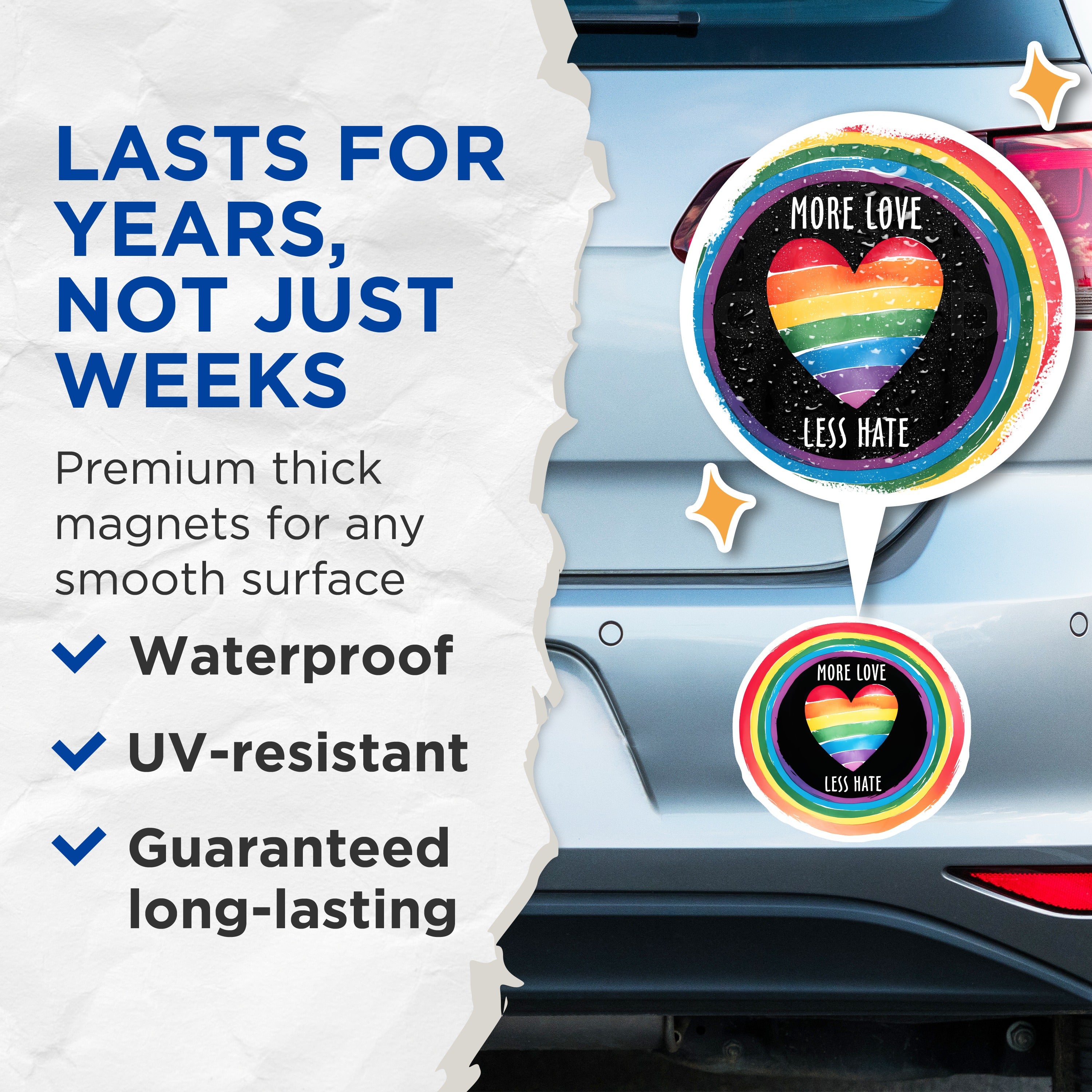 (2 Pack) Pride Love Magnets - More Love Less Hate - Rainbow Heart Ally Refrigerator Locker Decor - 5 Inches On Longest Side - Thick Durable Magnet - Made in USA - MAG38262