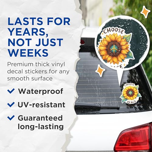 (2 Pack) Choose Peace Stickers - Sunflower Peace Sign Stickers - Positive Message Stickers - 5" On Longest Side - Sticks to Any Smooth Flat Surface - Made in USA - BMCS2559