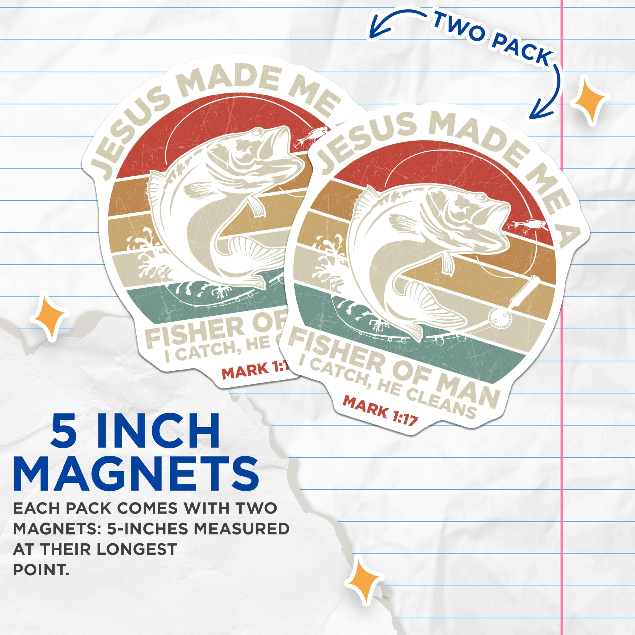(2 Pack) Fishing Magnets - Jesus Made Me A Fisher - Christian Fishing Verse - 5" On Longest Side - Premium Magnet - for Cars, Refrigerators, Toolboxes, Lockers - Made in USA - MAG17087